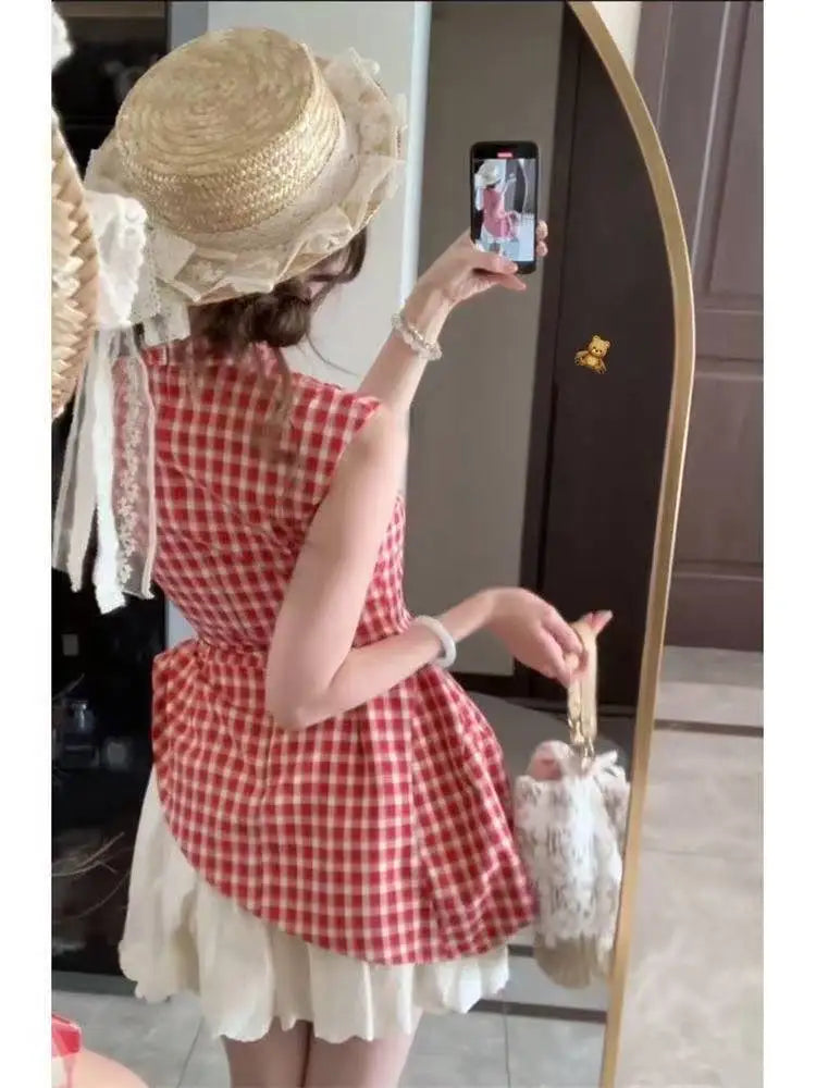 Woman Sweet Sleeveless Y2k Mini Dress Patchwork Japanese Style Red Plaid Dress Party Korean Slim Dress Summer