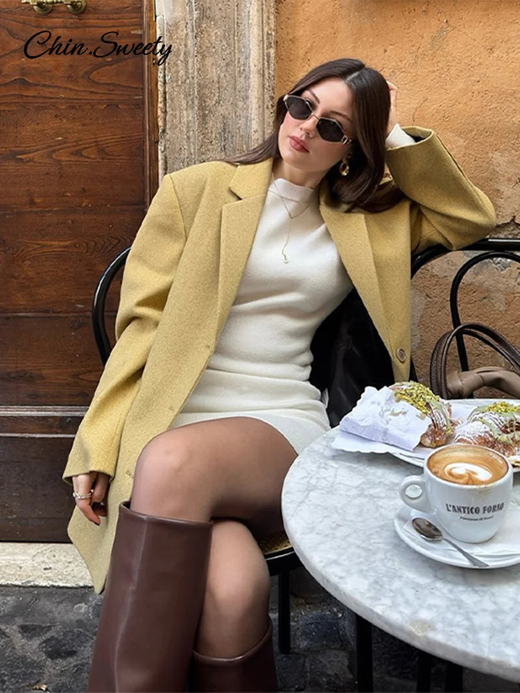 ’s Yellow Blazer Coat Loose Lapel Single Breasted Long Sleeve Suit Jackets Spring Lady High Steet Outwears