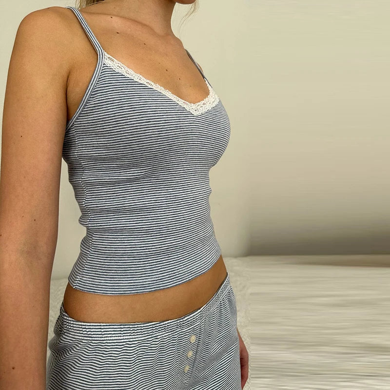 Striped Loungwear Lace Trim V Neck Sleeveless Camis Crop Tops + Shorts Kawaii Pajamas 2 Piece Set Y2k Retro Outfits