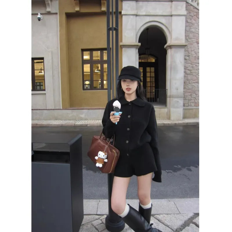 Sweet Hot Girl Suit Autumn/winter Sweater Peter Pan Collar Knitted Cardigan High Waist Shorts Twopiece Set