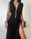 Deep Vneck Party Dress Summer Loungewear Sleeveless Maxi Dress Hollow Out Dress Vestidos