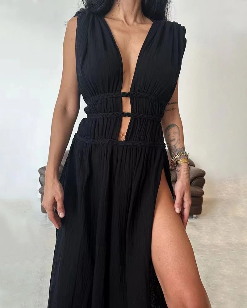 Deep Vneck Party Dress Summer Loungewear Sleeveless Maxi Dress Hollow Out Dress Vestidos
