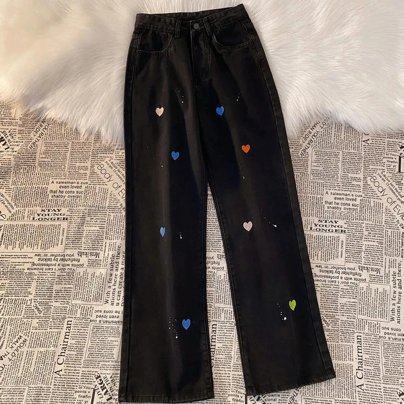 Korean Lace Slit Jeans Pants High Waist Oversize Wide Leg Trousers New Ins All Match Denim