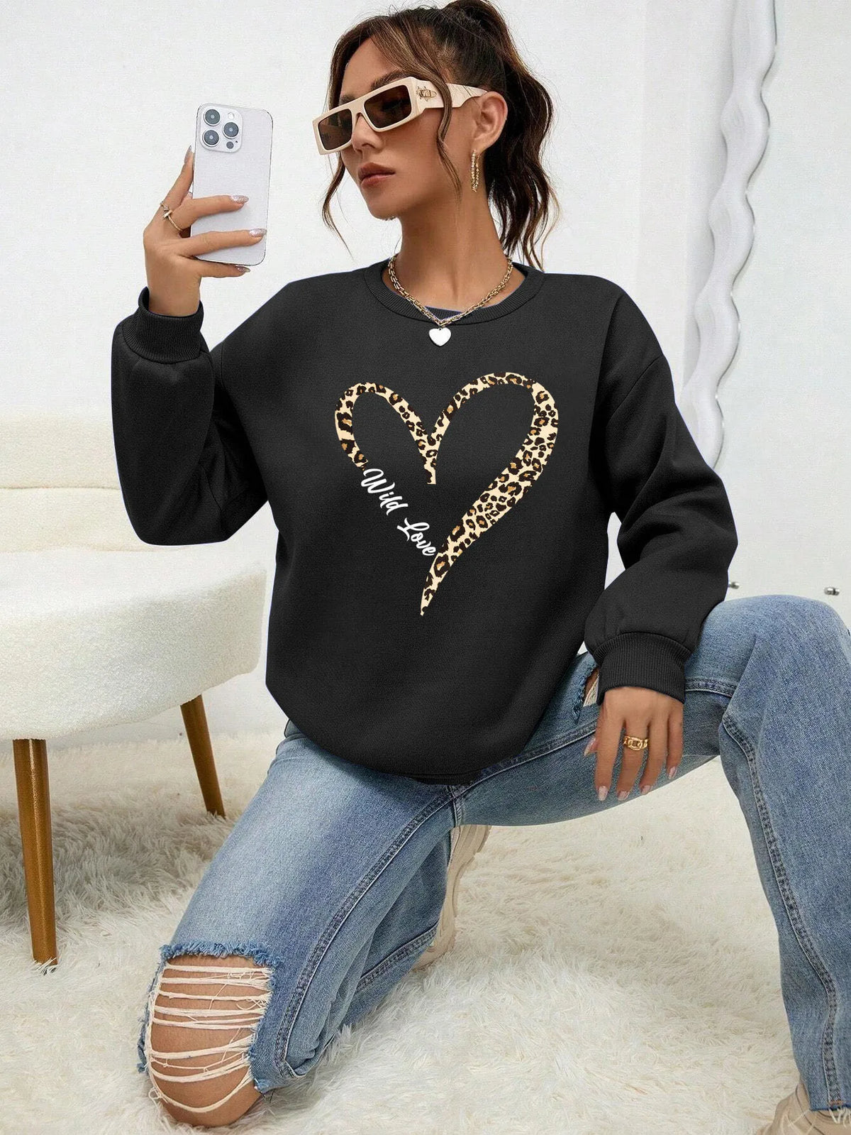 Leopard Wild Heart Pattern Print Female Sweatshirt Street Fur-liner Hooded Hipster New Hoodies All-match Crewneck Tracksuit