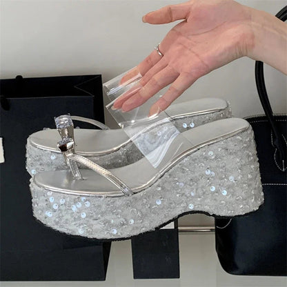 Designer Crystal Sequin Cloth Platform Wedge Slippers Street Style Clip Toe High Heels Banquet Summer Shoes