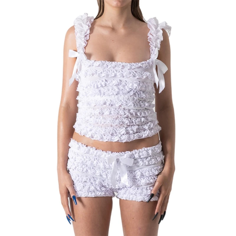 00s Retro Ruffles 2 Piece Set Bow Lace Trim Crop Tops Vest + Slim Fit Bloomers Shorts Y2k Fairy Kawaii Mathing Outfits
