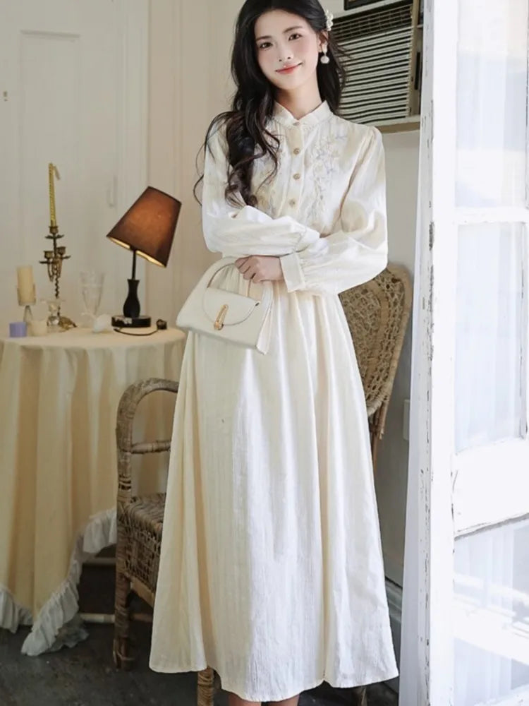 Fairy Embroidery Midi Dress Female French Party Midi Dress Stand Collar Puff Sleeve Evening Robe Vestidos