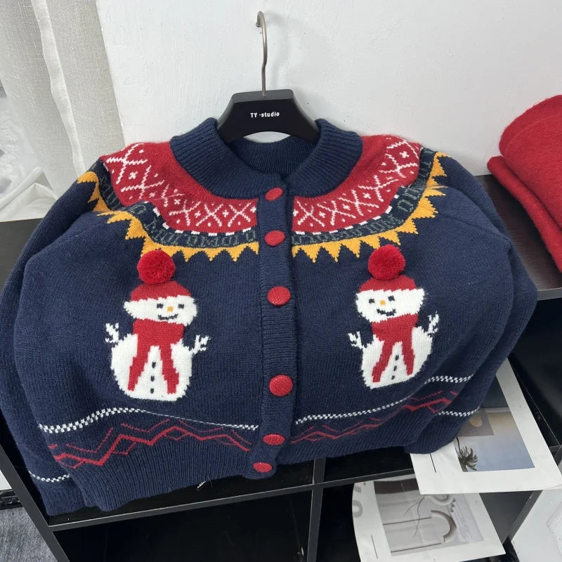 Sweet Hot Girl Retro Knitted Cardigan Winter Snowman Pattern Oneck Loose Sweater Coat Female Clothes