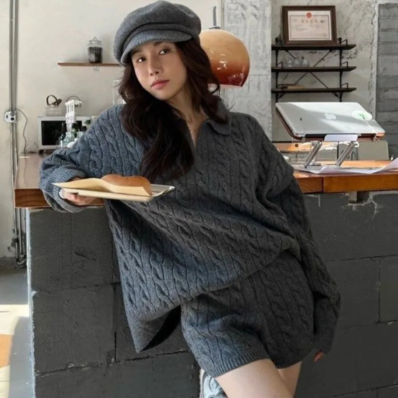 Korean Twopiece Set Vneck Loose Pullover Sweater Top Shorts Outfits Autumn New Suit Female Clothing