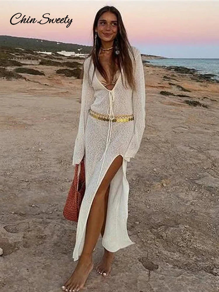 Beach V-neck Long Dress White Knitted Lace Up See Through High Slit Maxi Dresses Summer Lady Holiday Vacation Robes