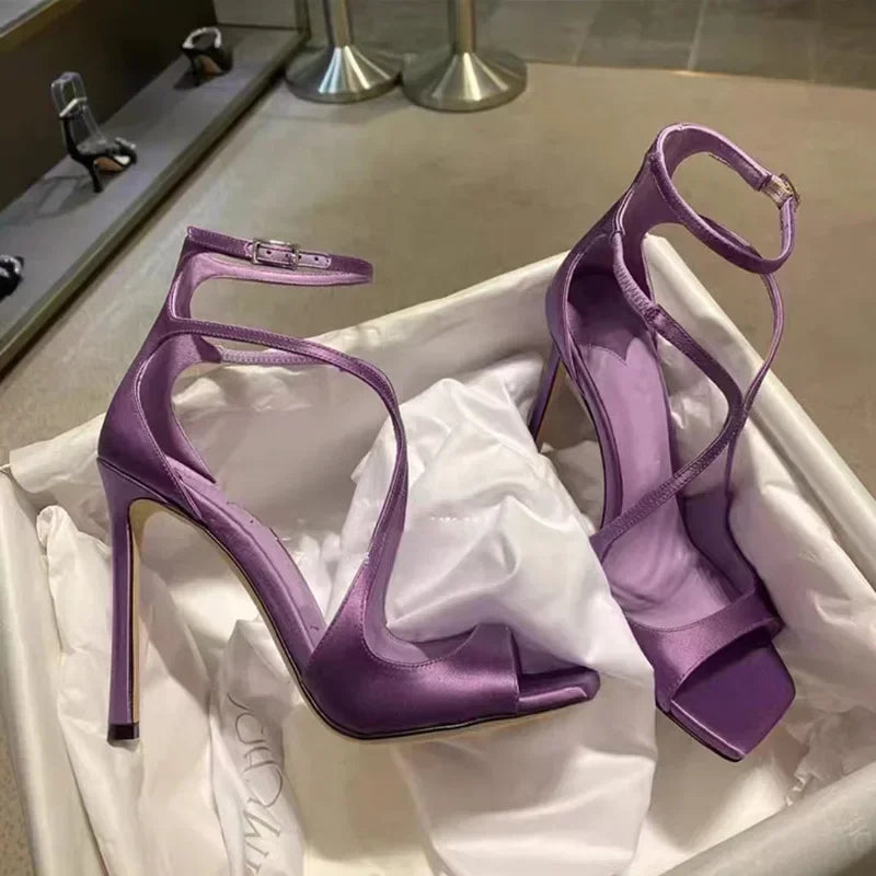 Silk Thin High Heels Brand Banquet Dress Shoes Open Toe Crosstied Pumps Designer Sandals Female