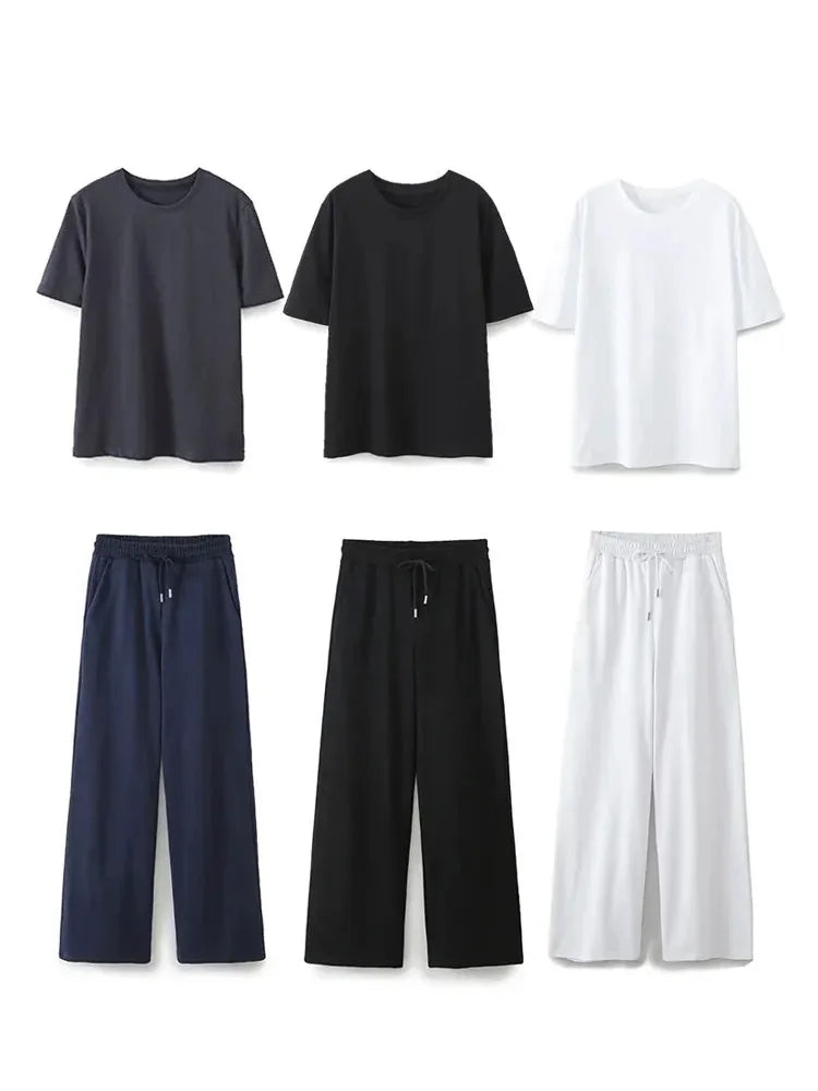 Summer Basic Round Neck Cotton Tshirt Set Short Sleeves Top Female Loose Laceup Straight Leg Pants