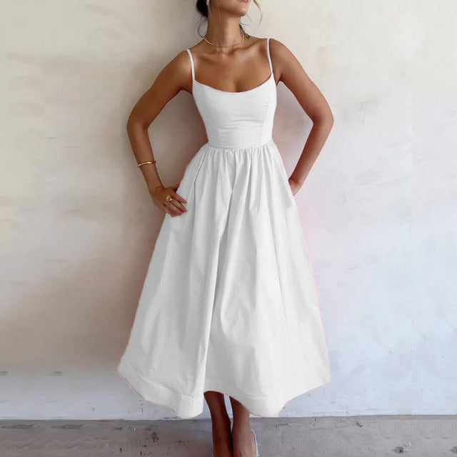 Spaghetti Strap A-line Maxi Dresses Low Cut Sleeveless Big Skirt Dress Summer New Party Vestido