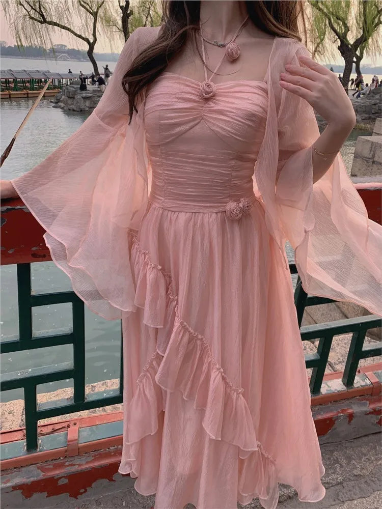Summer French Midi Dresses Folds Ruffle Party Prom Robe Fairycore Neck Mounted New Dress