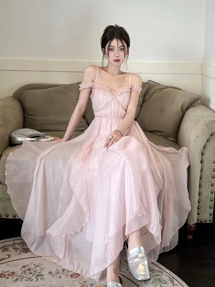 Summer Sweet Pink Fairy Chiffon Midi Dress Korean Onepiece Aline Vestidos Female Clothing Mujers