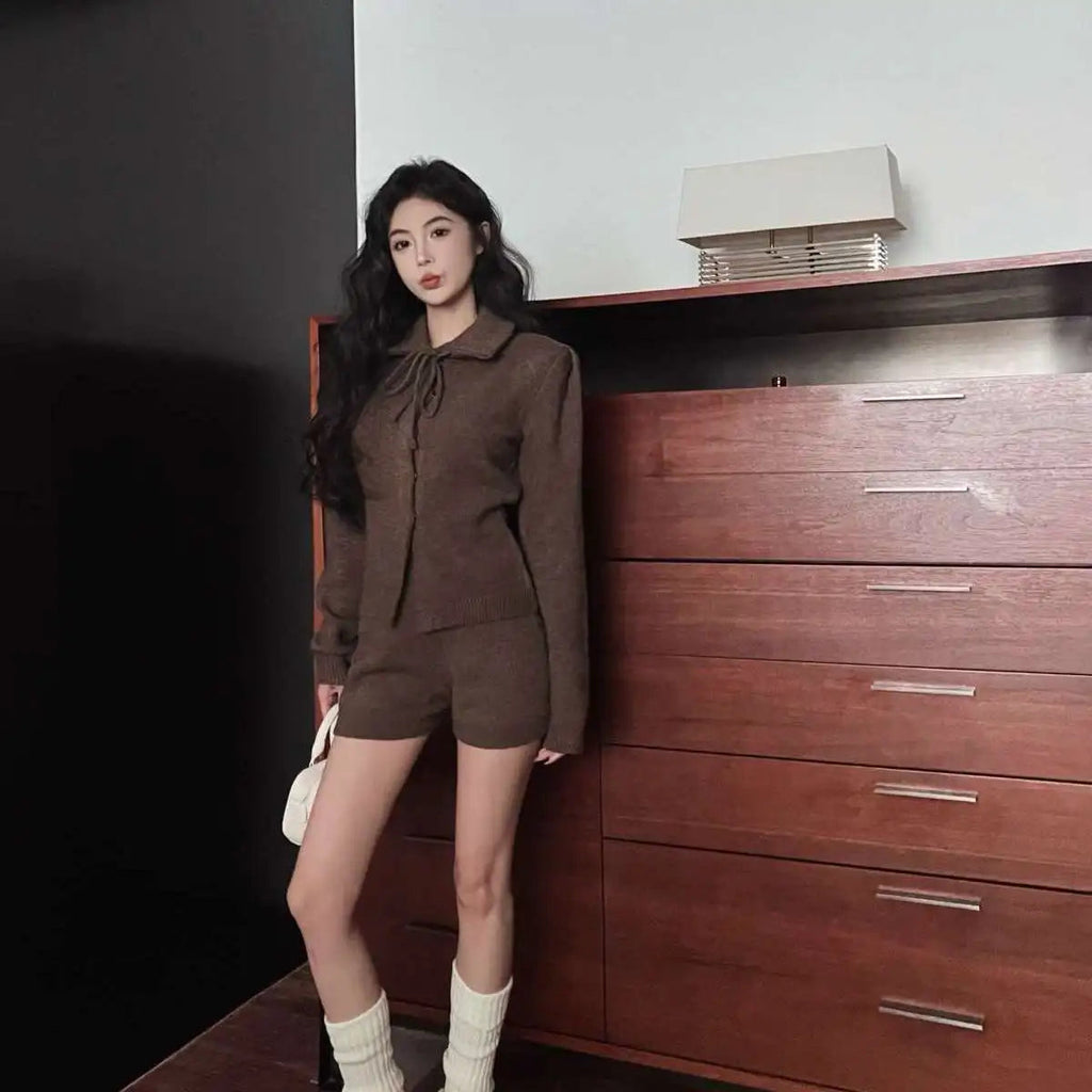 Sweet Hot Girl Suit Spring Turndown Collar Knitted Cardigan High Waisted Shorts Twopiece Set Female Clothes