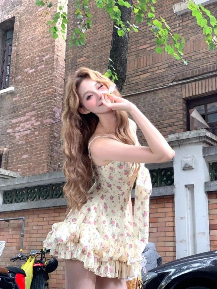 Summer French Sweet Flower Mini Dress Beach Ruffles Design Slip Dress Female Evening Party
