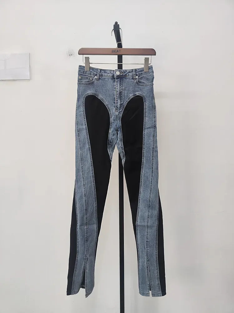 Denim Pants Contrast Color Slim Split Patchwork Thin Pencil Pants Autumn New