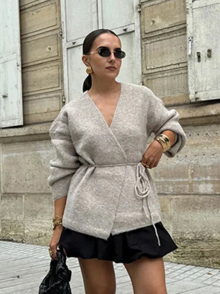 Lace Up Knitted Cardigan V Neck Long Sleeve Loose Sweater Winter New Female