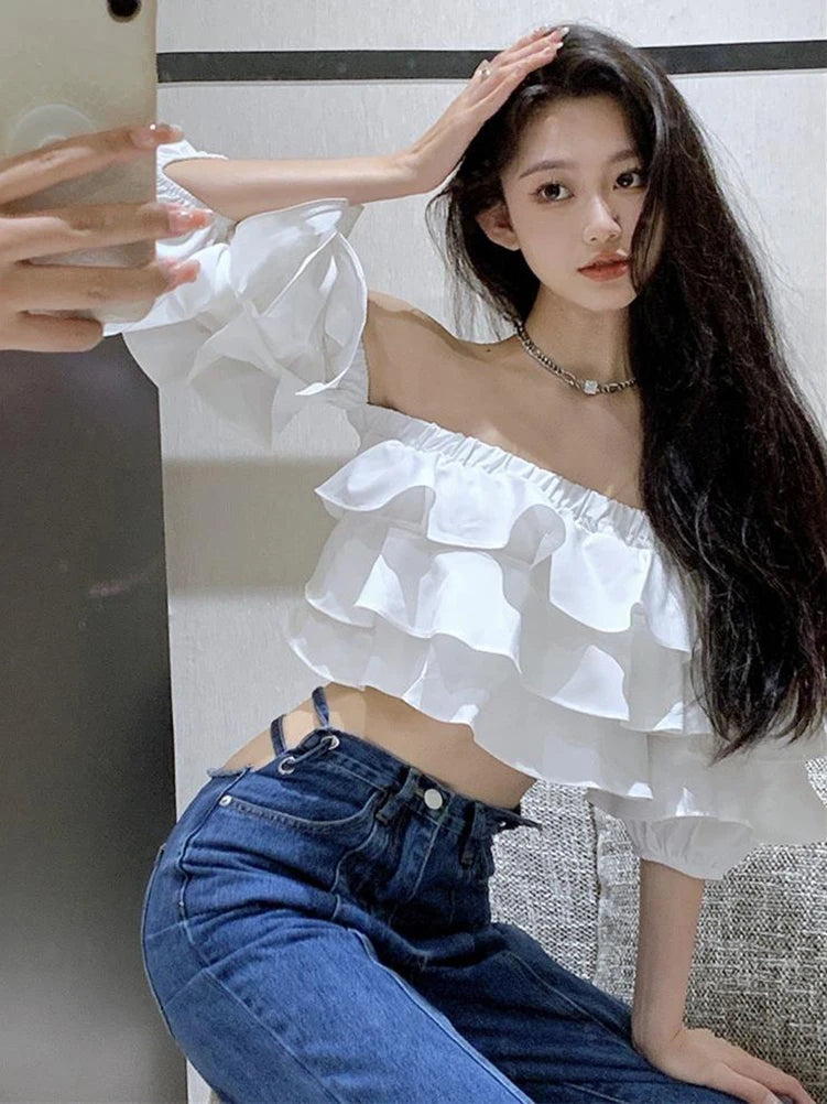 Korean Off Shoulder Woman Blouse Stacked Ruffles Crop Top Shirt Summer Designer Short Sleeve Chiffon New