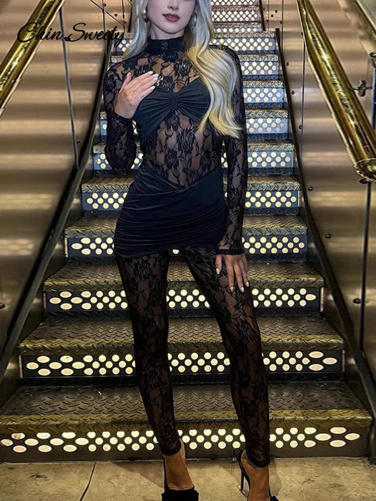 Lace Long Sleeve One Pieces Jumpsuit Mock Neck Bodycon Romper Female Spring New See Through Club Party Overalls
