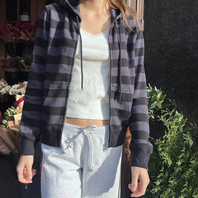 American High Street Striped Hoodie Jackets Spring Autum New Cardigan Coat Y2k Long Sleeve Zipper Tops Mujer