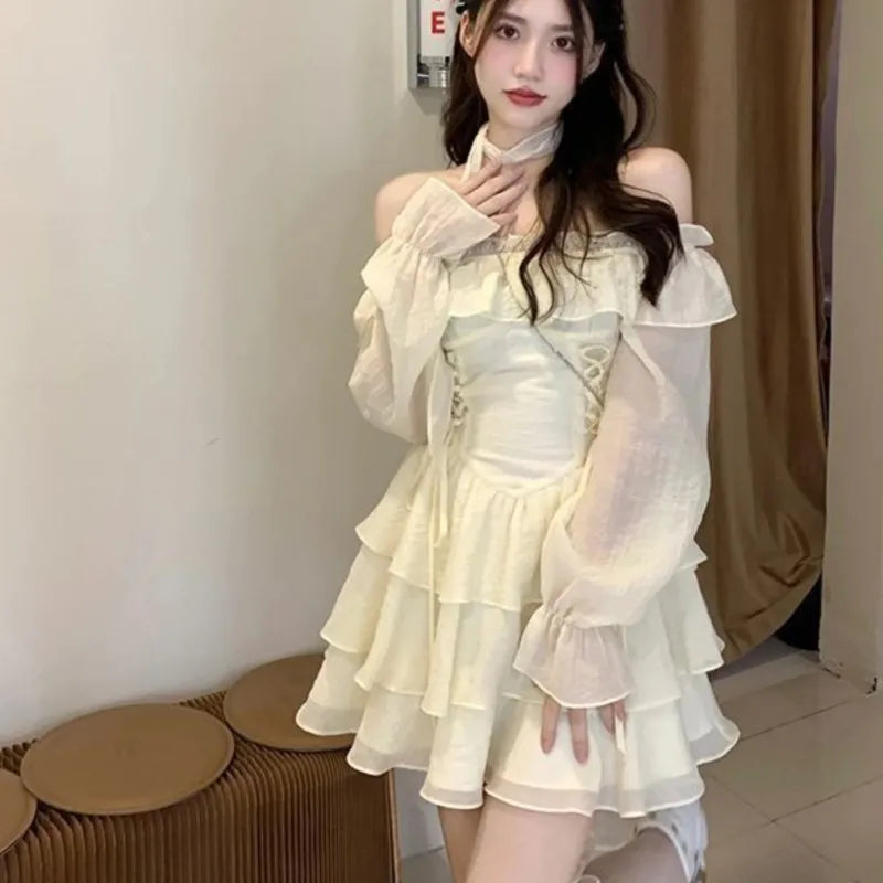 Mini Dresses Woman Off Shoulder Ruffles Aline Long Sleeve Laceup Short Party Dress Korean One Piece New