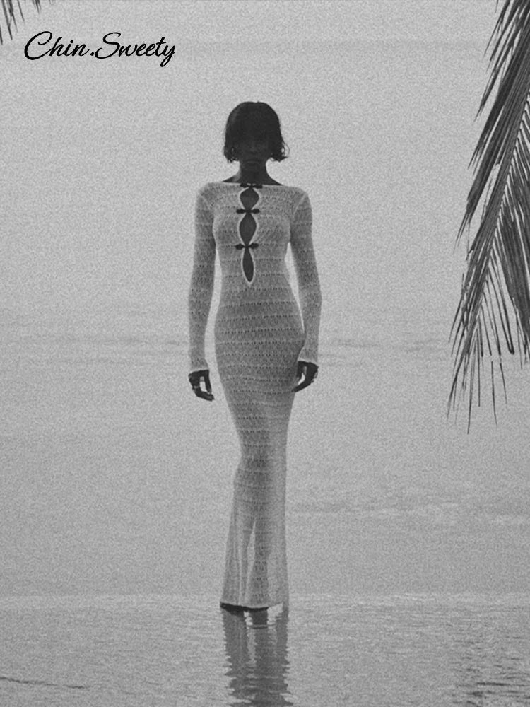 Hollow Out Knitted Maxi Dress Long Sleeve O-neck White Black Holiday Dresses Female Summer Lady Slim Fit Robes
