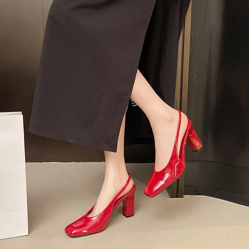 Patent Leather High Heels Square Toe Openheeled Dress Shoes Party Dress Shoes Large Size