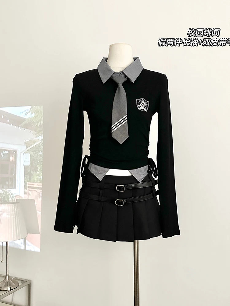 Fall Jk Preppy Style Y2k Gyaru Outfits 2 Piece Set Knit Long Sleeve Crop Tops Blouses Tie + Mini Pleated Skirt With Belt