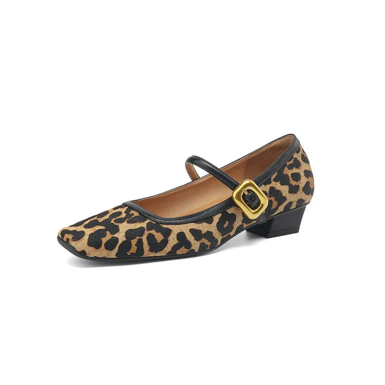 New Spring/autumn Pumps Square Toe Chunky Heel Shoes Horsehair Leopard Shoes for Concise High Heel Buckle Mary Janes