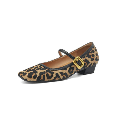 New Spring/autumn Pumps Square Toe Chunky Heel Shoes Horsehair Leopard Shoes for Concise High Heel Buckle Mary Janes