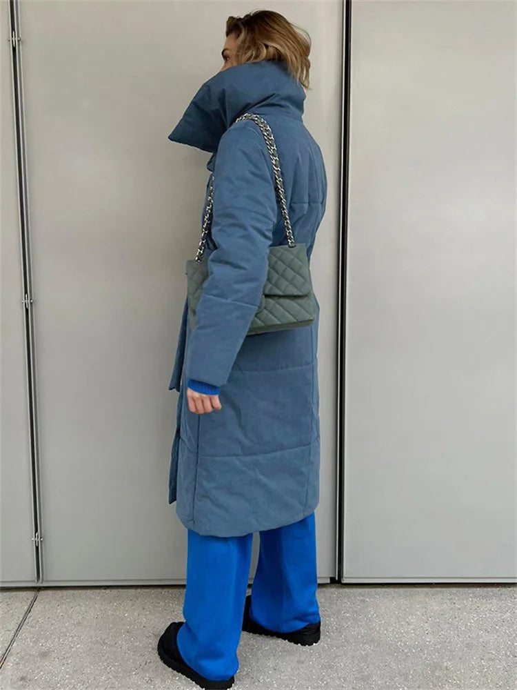 Winter Female Parkas Outwear Loose Lace-up High Waist Long Sleeve Pocket Lapel Bandage Coat for Parkas