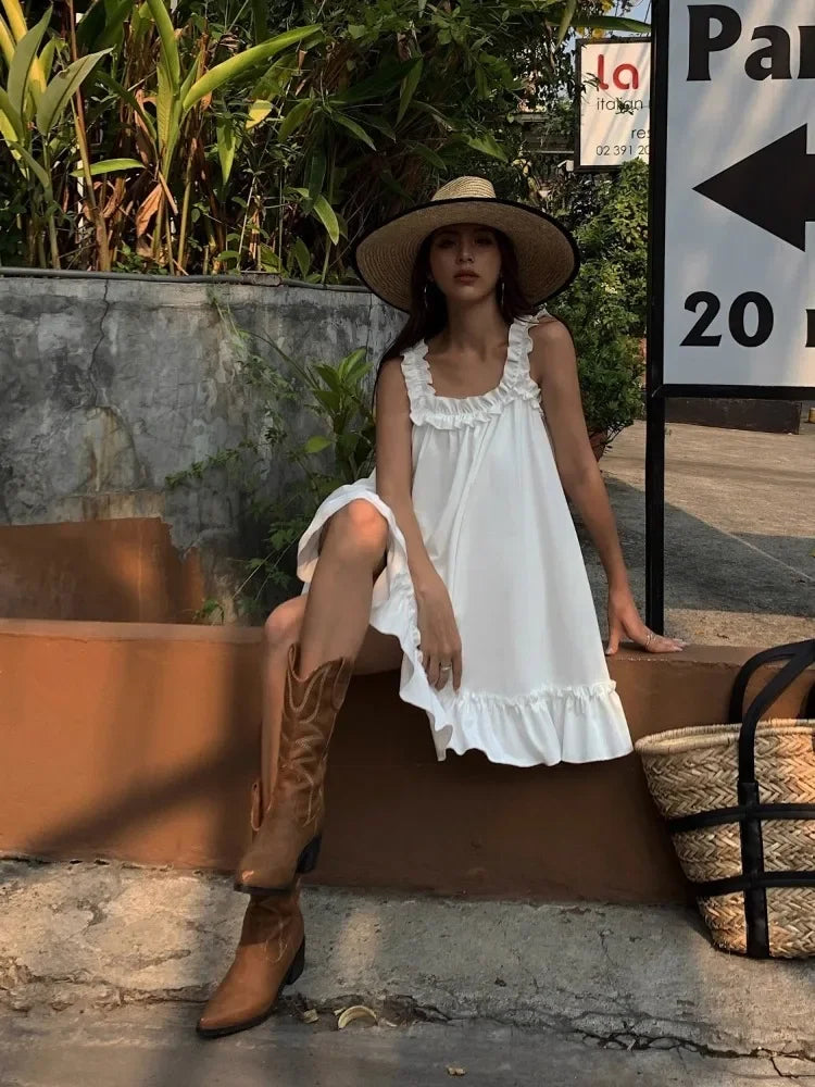 Sleeveless Ruffles Mini Dress White Beach Sundress Girl Home Dresses Loose Summer Dress Oversized