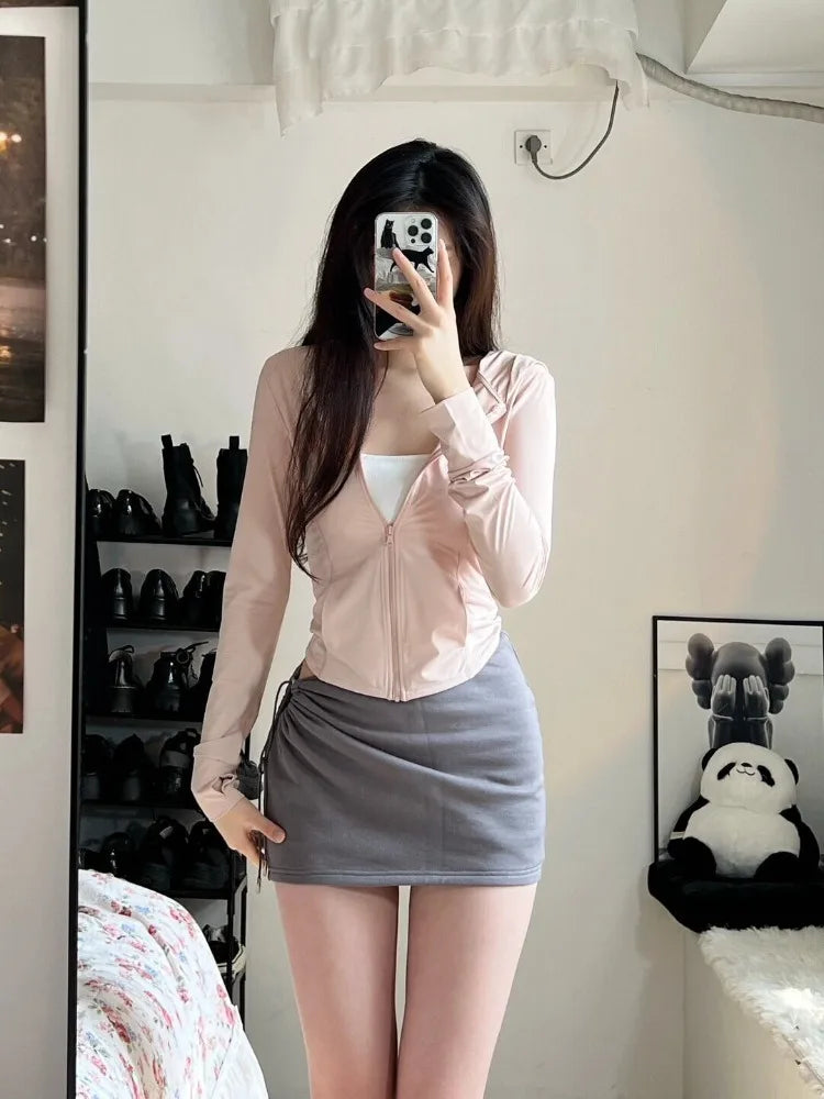 Sweet Pink Ice Silk Sun Protection Coat Summer Slim Fit Zipper Cardigans Y2k Egirl Long Sleeve Jackets Mujer