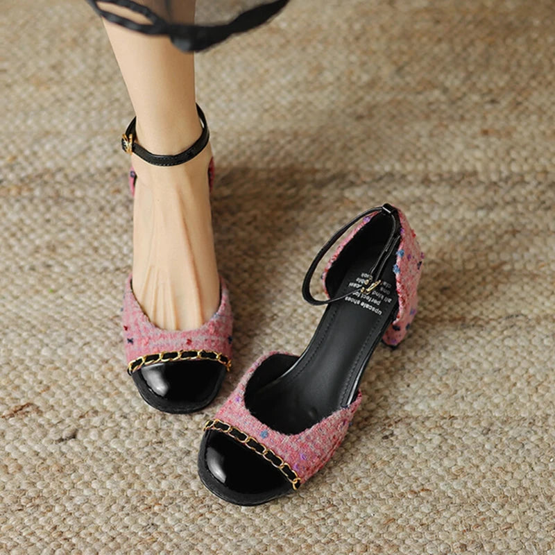 New Summer Sandals Cotton Fabric Shoes for Cover Toe Chunky Shoes Round Toe Cover Heel Sandals Splicing Chain Shoes