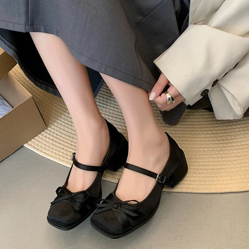 Pink Bow High Heels Spring and Summer New Squareheaded Silk Ribbon Buckle Single Shoes Shallow Thickheeled Shoes