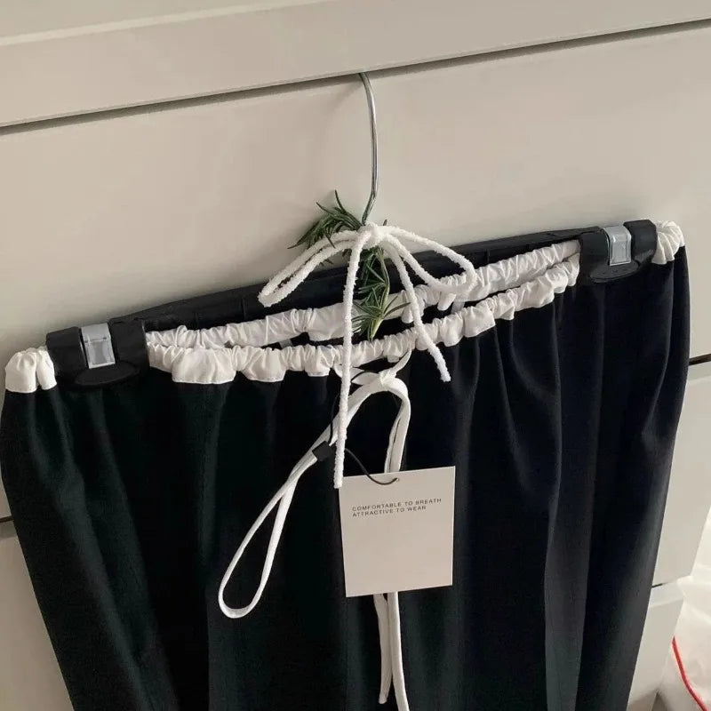 Summer Korean Retro High Street Black and White Stitching Elastic Laceup Wide Leg Pants