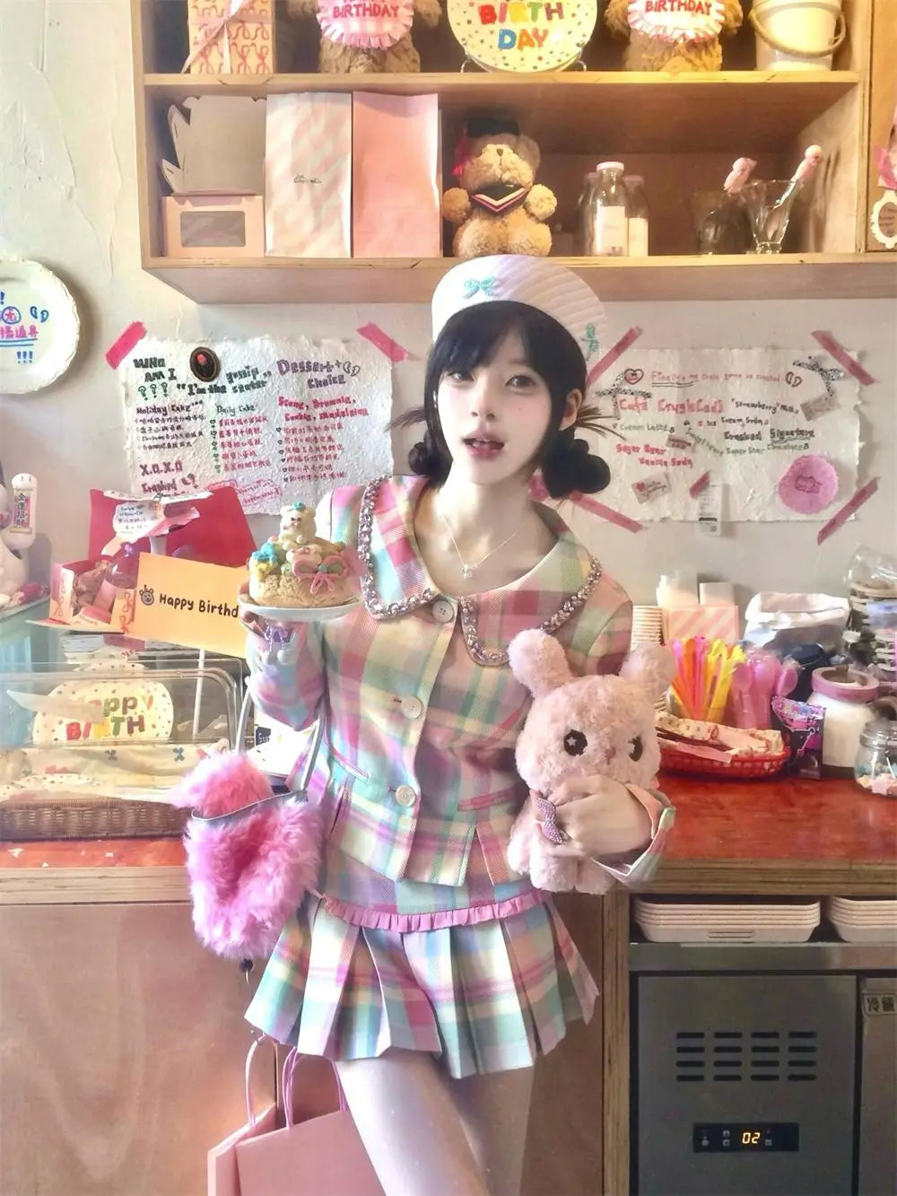 Sweet Rainbow Plaid Skirts Set Autumn New Doll Neck Coat Top High Waist Slim Pleated Short Skirt Two Piece Sets Outfits