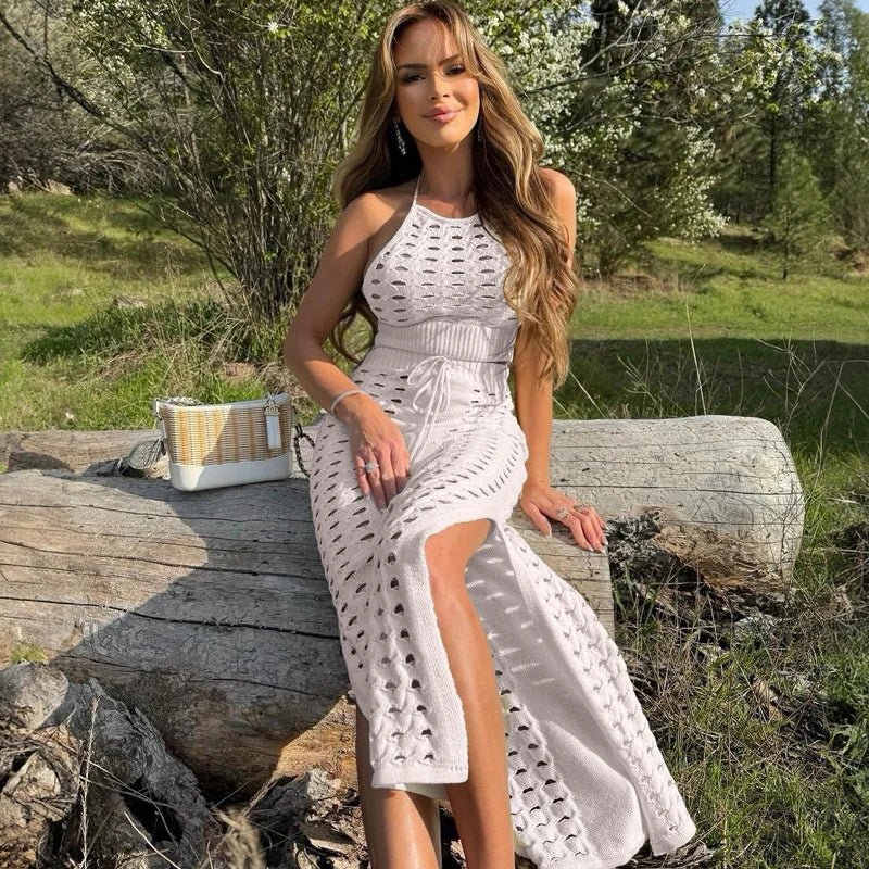 Slim Hollow Out Skirt Suit Knitted for Sleeveless Strapless Top Summer New High Waisted Lace Up Split Long Skirt