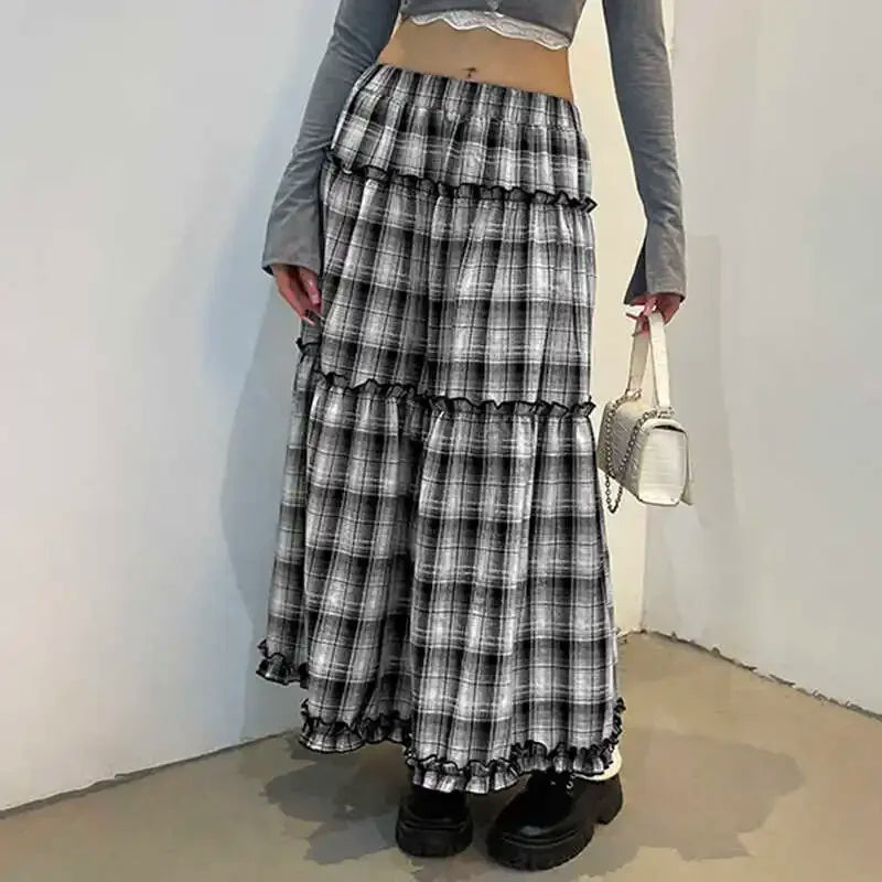 Contrast Color Plaid Aline Skirt Autumn New Korean Pleated Loose All Match Midlength Skirt