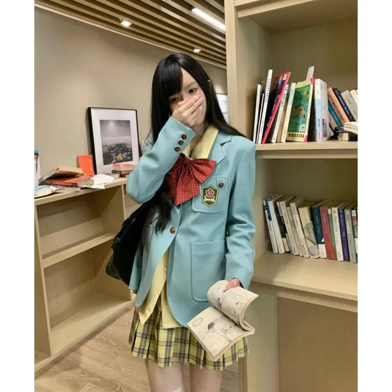 Autumn New Korean College Style Jk Uniform Suit Coat Bow Long Sleeve Shirt Plaid Pleated Skirt Set 3piece Set for