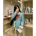 Autumn New Korean College Style Jk Uniform Suit Coat Bow Long Sleeve Shirt Plaid Pleated Skirt Set 3piece Set for