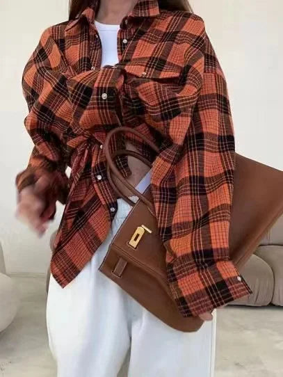 Summer Oversized Plaid Shirt Long Sleeve Loose Fit Blouse Autumn Female Office Shirt Tops for Woman