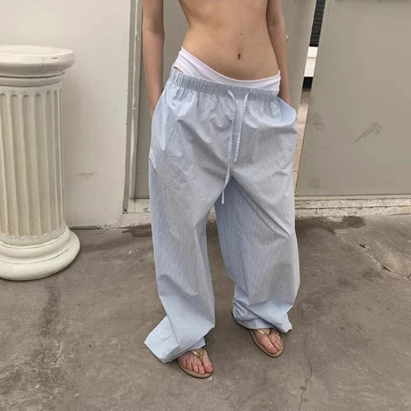 Oversized Y2k Striped Woman's Pants Baggy Harajuku Old Money Basic Trousers Korean Wide Leg Elastic Waist