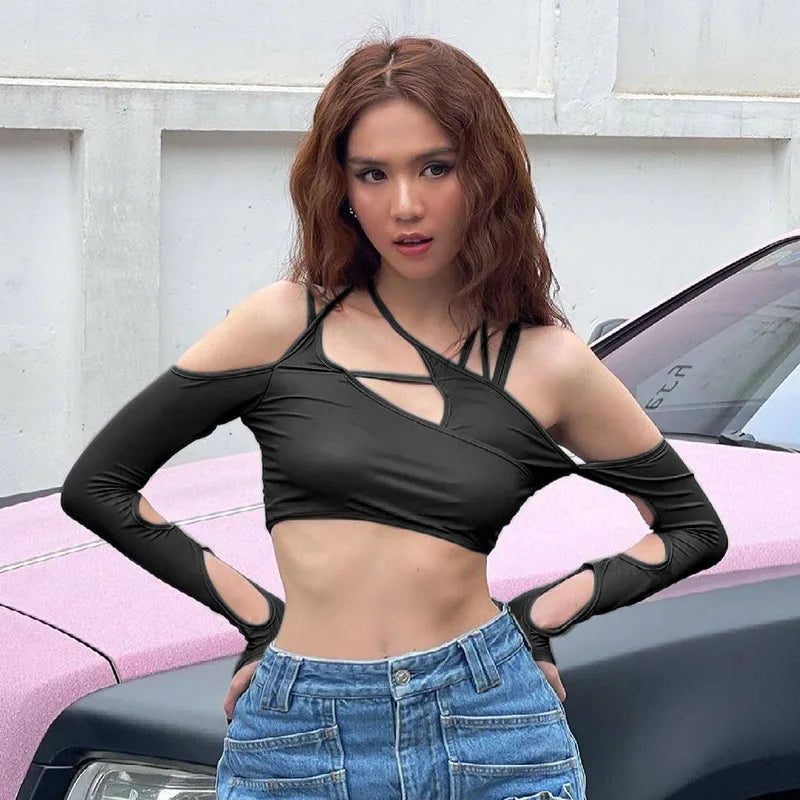 Europe and the United States Y2k Summer New ’s Color Halter Halter Halter Crop Back Sleeved Blouse