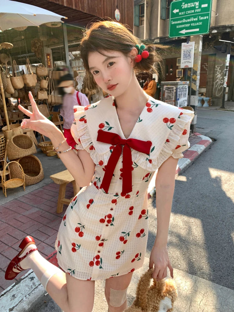 Summer Japanese Kawaii Party Dress Sweet Mini Dress Female Lace Korea Vneck Fairy Slim One Piece Dress