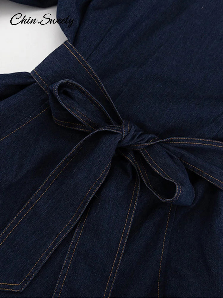 ’s Denim Blue Mini Dresses O-neck Long Sleeved Cinched High Waist Lace Up Dresses Spring Lady A-line Vestidos