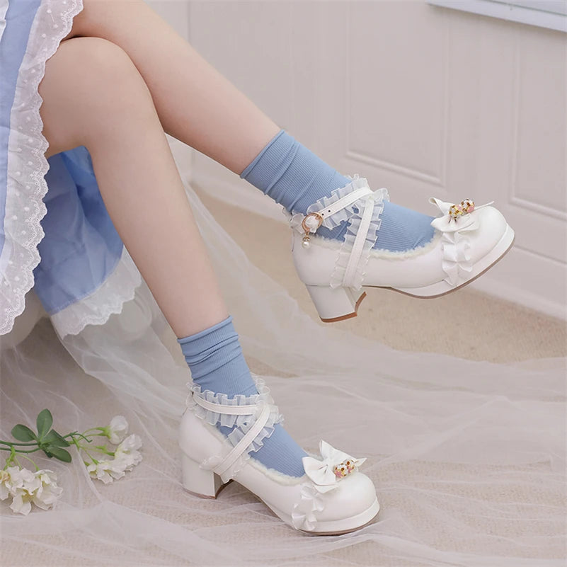 Lolita Pumps Round Toe Thick Mid Heels Cross Strap Buckle Bow Kawaii Cosplay Shoes Winter Beige 46