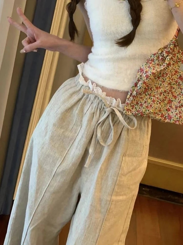 Korean Style Patchwork Wide Leg Pants Sweet Lace Loose Trousers Design Summer
